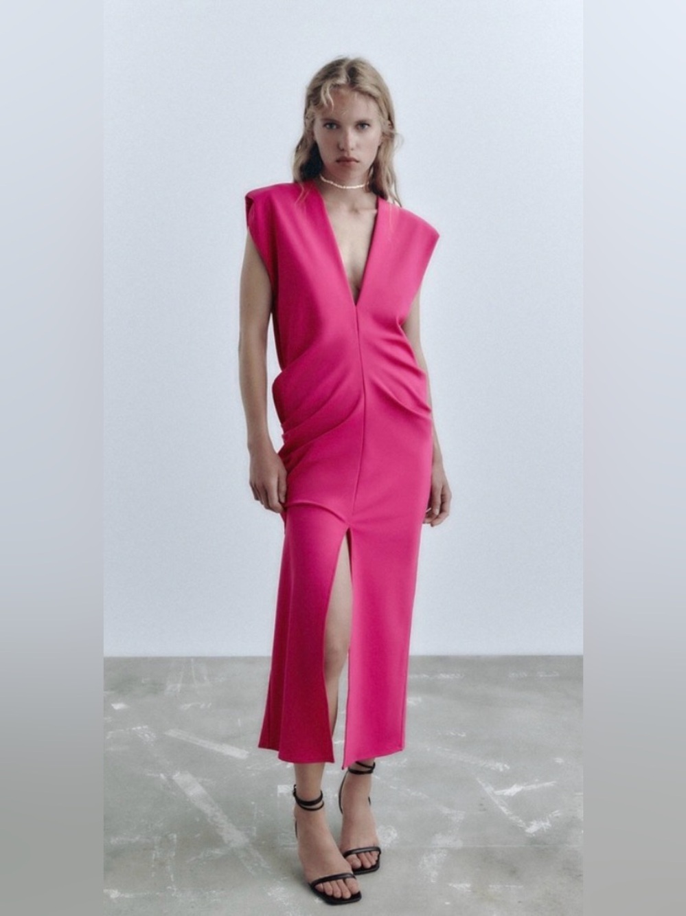 Zara Hot Pink Structured Midi Dress with Front Slit